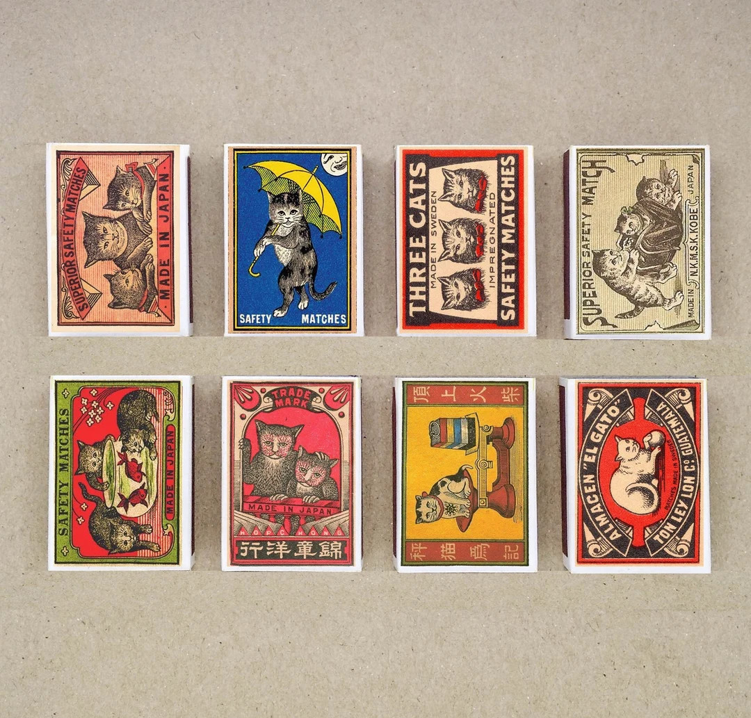 Set of 8 MATCHBOX Various Cat Cats Design Vintage Style Printing Old Matches Match Holder - Etsy | Etsy (US)