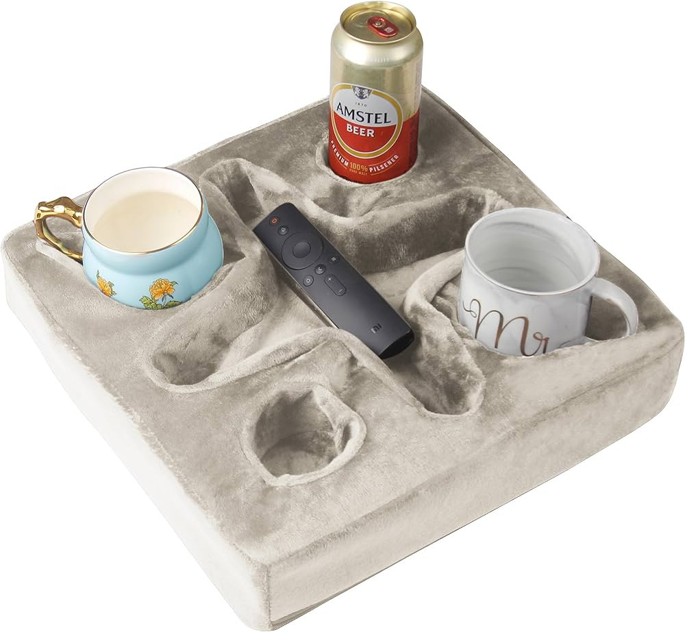 Couch and Bed Cup Holder Pillow, Sofa Refreshment Tray for Drinks/Remote Control/Snacks Holder (Beig | Amazon (US)