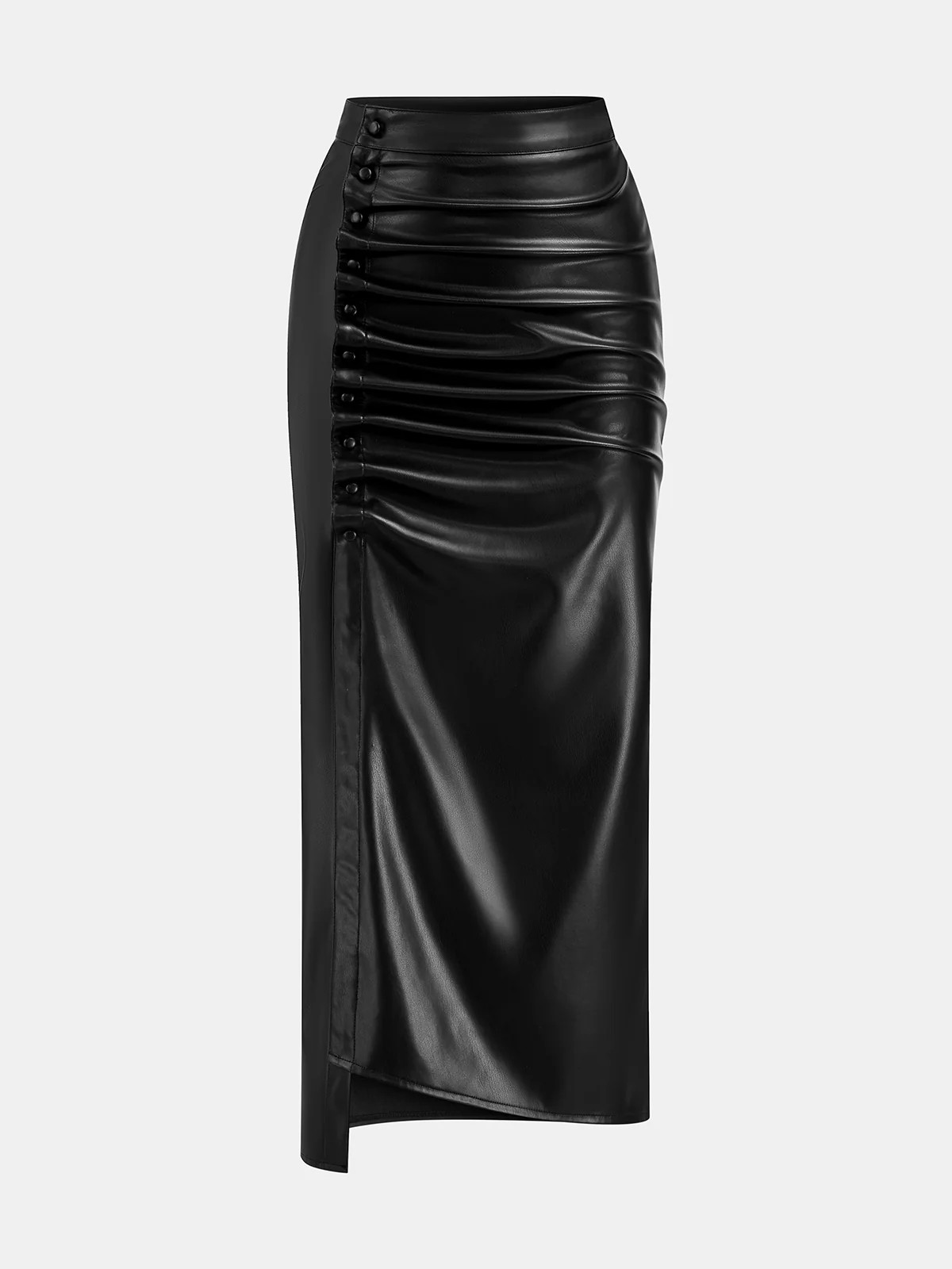 Asymmetric Ruched Faux Leather Midi Skirt | Commense