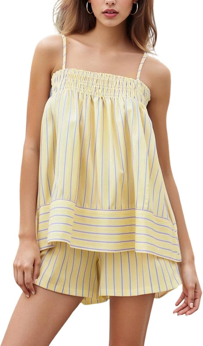 SOOKABEILA Women 2 Piece Lounge Set Sleeveless Striped Cami Peplum Top Boxer Shorts Loose Ruffle ... | Amazon (US)