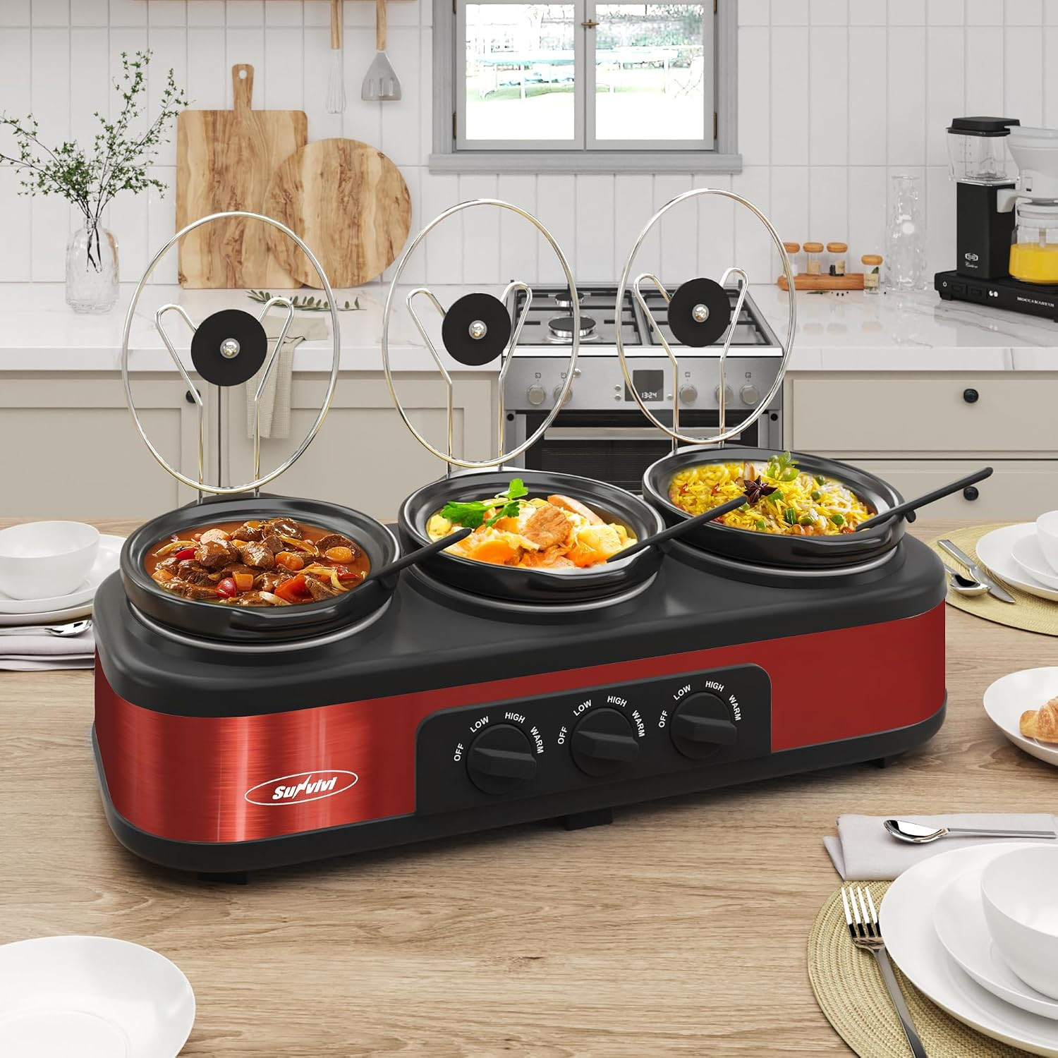 Sunvivi Triple Slow Cooker, Buffet Server & Warmer with 3 Removable Ceramic Pots, 3 Adjustable Temp Settings & 3 Metal Lid Rests, Stainless Steel, 3 * 1.5 Quarts Red | Amazon (US)