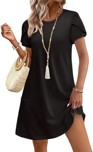 OFEEFAN Womens Summer Dresses 2026 Tulip Petal Short Sleeve Crew Neck Casual Dresses with Pockets... | Amazon (US)