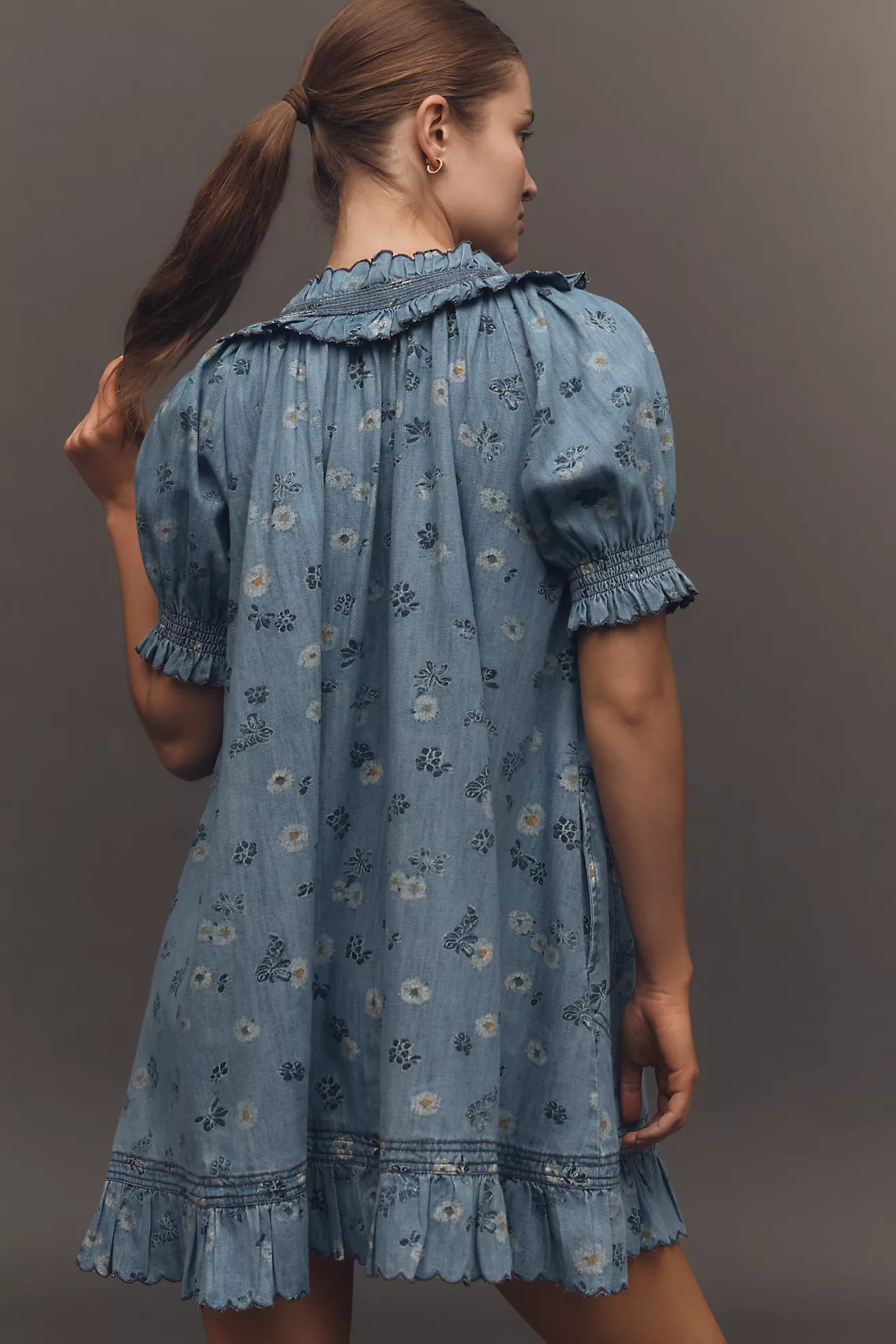 Pilcro Puff-Sleeve Ruffled V-Neck Swing Mini Dress | Anthropologie (US)