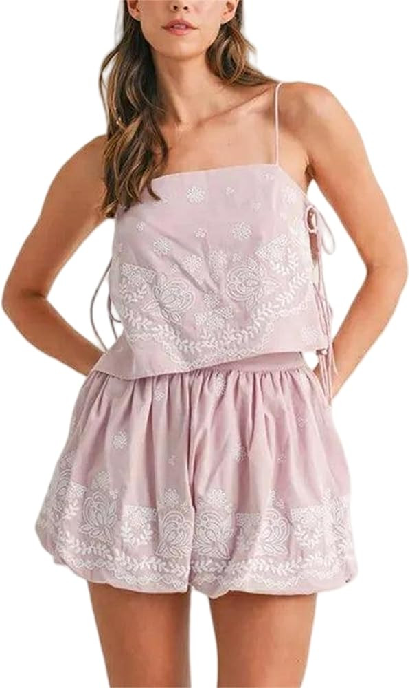 Yuemengxuan Women Tie Side Tank Top Shorts 2 Piece Outfits Set Sleeveless Floral Embroidered Crop... | Amazon (US)