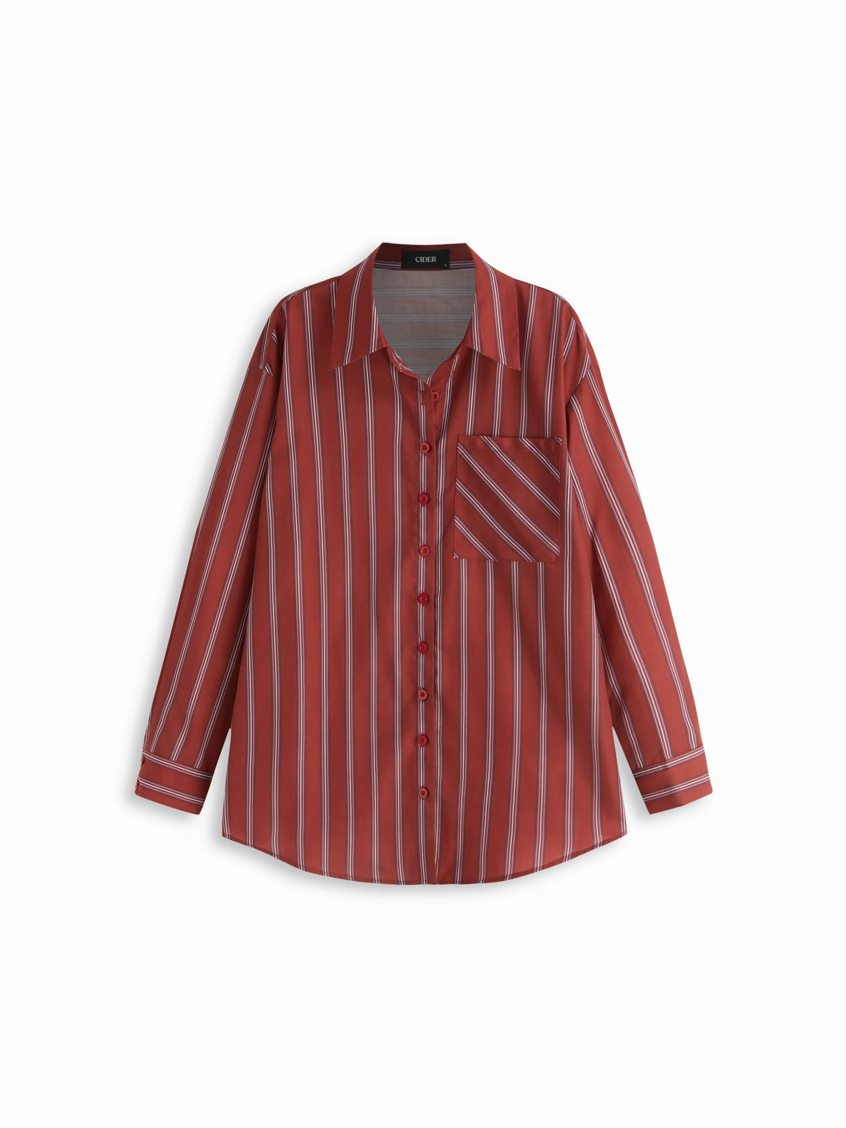 Woven Collar Striped Button Long Sleeve Oversized Shirt For Daily Casual | Cider