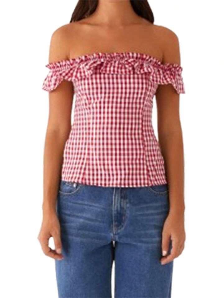 Women's Summer Slim Tops Short Sleeve Off Shoulder Open Back Plaid T-Shirt | SHEIN