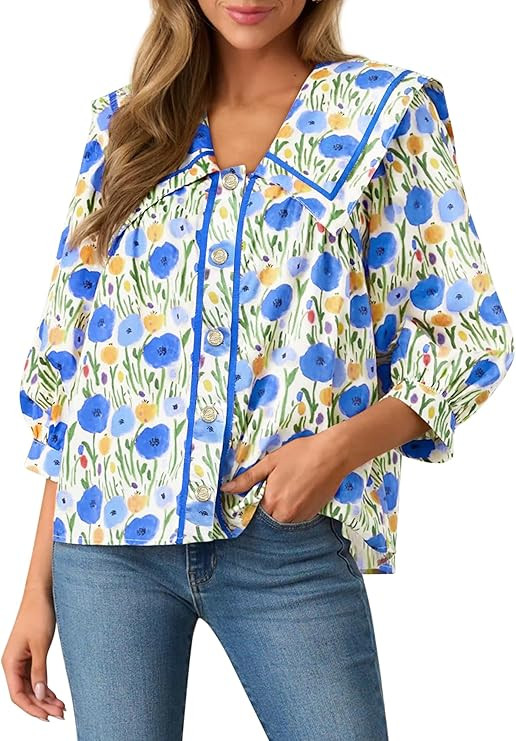 Women's 2026 Fashion Tops 100% Cotton Button Down Shirts V Neck 3/4 Length Sleeve Floral Peter Pa... | Amazon (US)