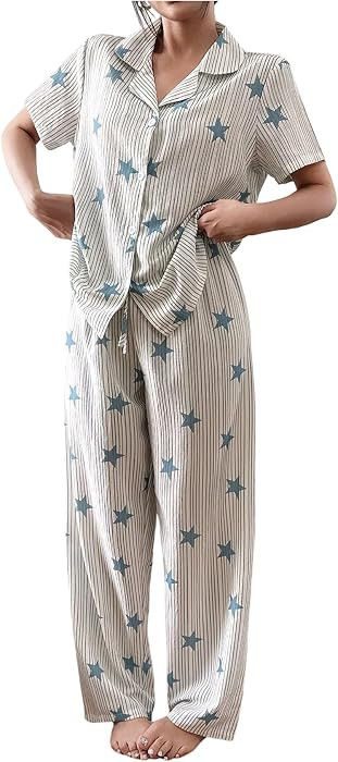 Verdusa Women's Star Print Striped Lounge Sets Wide Leg Pants Pajama Sets | Amazon (US)