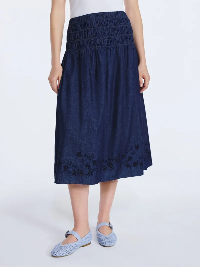 Free Assembly Women's and Women's Plus Embroidered Cotton Maxi Skirt with Smocked Waist, Sizes XS... | Walmart (US)