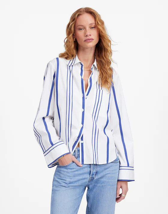 Poplin Easy Y-Neck Button-Up Shirt | Madewell | Madewell