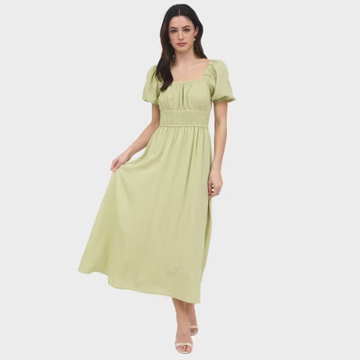 August Sky Women's Smocked Square Neckline Puff Sleeve Midi Dress, Light Kiwi, Large | Target