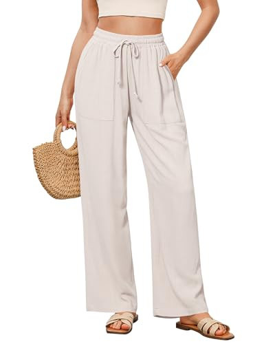GRAPENT Drawstring Wide Leg Pants for Women Ladies Pants Womens Linen Pants for Summer Wide Leg Trouser Pants for Women Boho Womens Clothing Women Linen Pants Summer Color Natural Medium Size 8 to 10 | Amazon (US)
