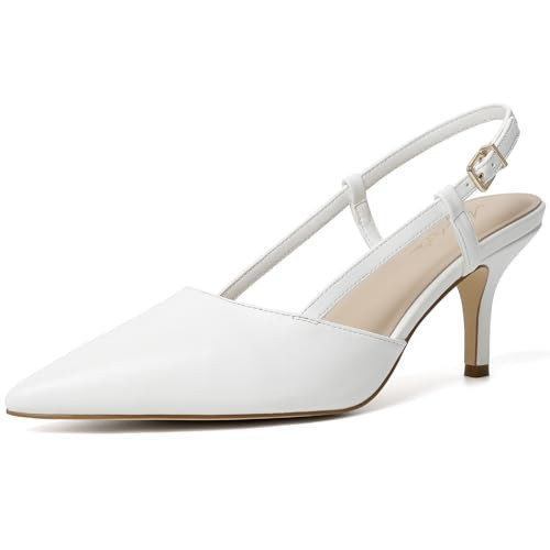 Mostrin White Slingback Kitten Heels for Women Mid Heel Leather Pumps Closed Pointed Toe Stiletto 3 Inch Dress Shoes for Wedding Party Work Office Size 7.5 | Amazon (US)