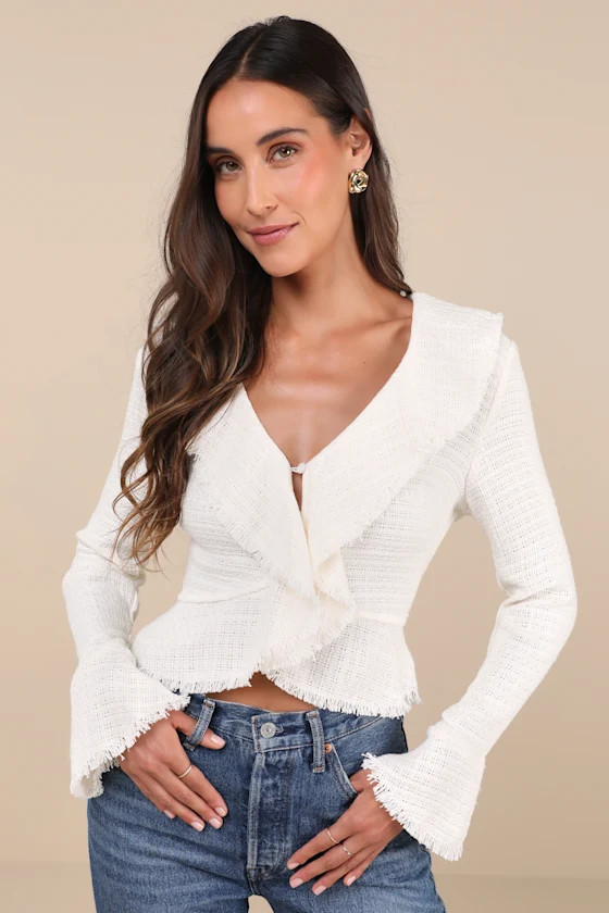 Complete Sophisticate Ivory Tweed Sheer V-Neck Long Sleeve Top | Lulus