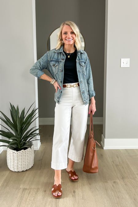 White cropped wide-leg pants for petites styled with a denim jacket. 
Top- small
Pants- xs/petite (code: THRIFTYWIFEXSPANX for 10% off)
Sandals- 7.5

#LTKover40 #LTKstyletip #LTKSeasonal
