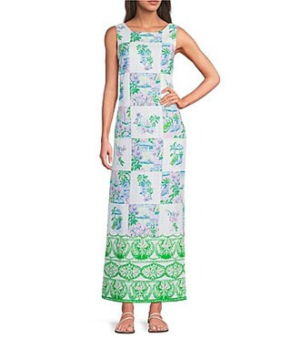 Lilly Pulitzer Dee Stretch Sunny Dee Patch Print Round Neck Sleeveless Shift Maxi Dress - 4 | Dillard's