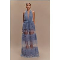 Minka Mesh Ruffle Halter Maxi Dress - Dusty Blue | MESHKI US