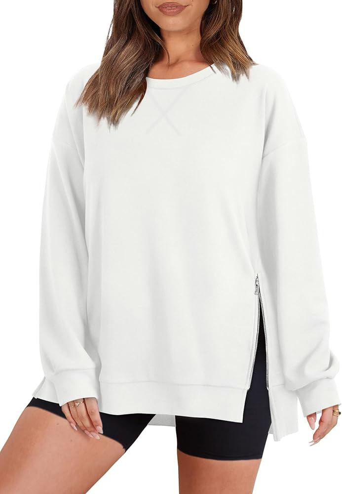WIHOLL Oversized Sweatshirt for Women Casual Crewneck Pullover Long Sleeve Tops Side Slit Zipper | Amazon (US)