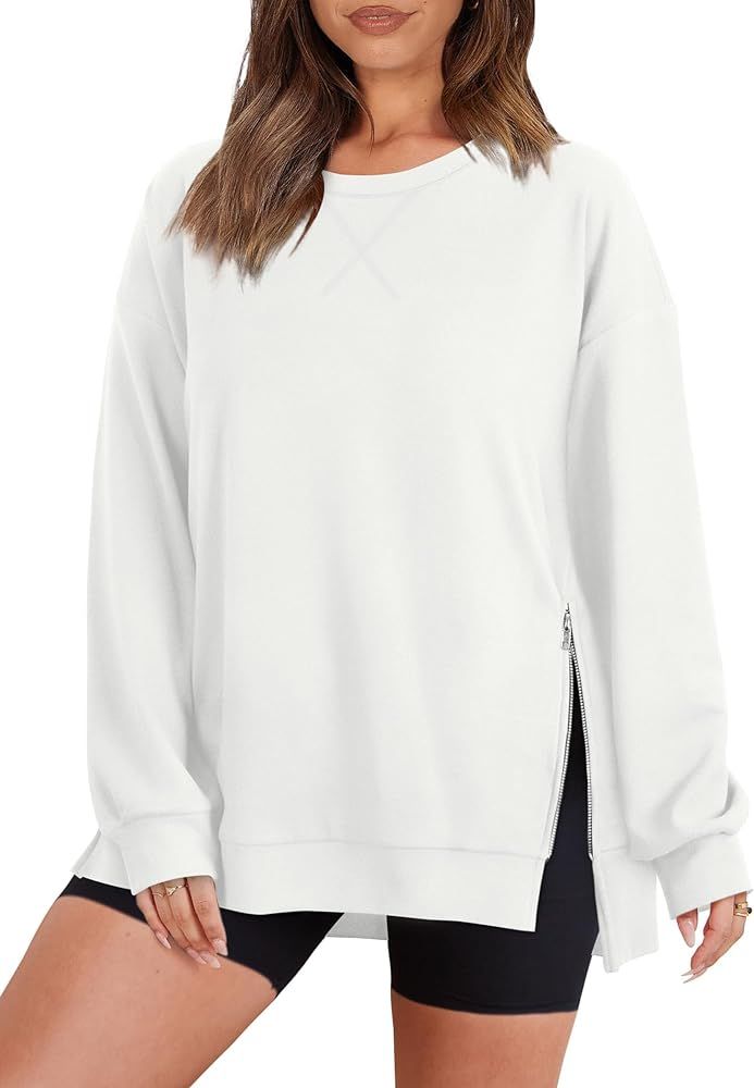 WIHOLL Oversized Sweatshirt for Women Casual Crewneck Pullover Long Sleeve Tops Side Slit Zipper | Amazon (US)