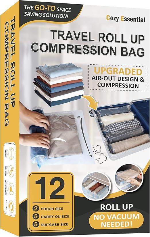 12 Travel Compression Bags Vacuum Packing, Roll Up Travel Space Saver Bags for Luggage, Cruise Sh... | Amazon (US)