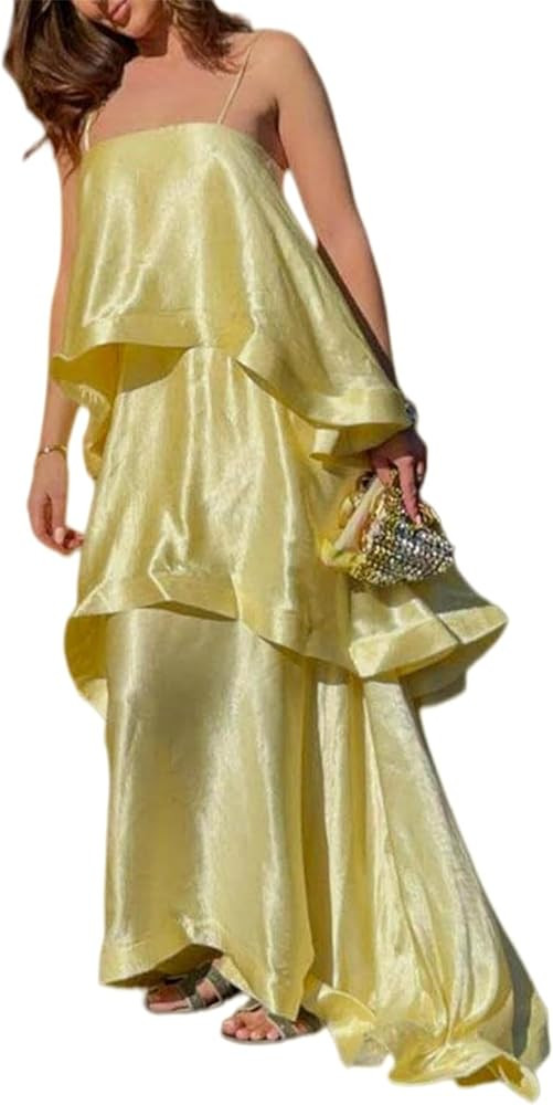 Women's Satin Spaghetti Strap Maxi Dress Layered Ruffle Hem Sleeveless Flowy Beach Vacation Gown | Amazon (US)
