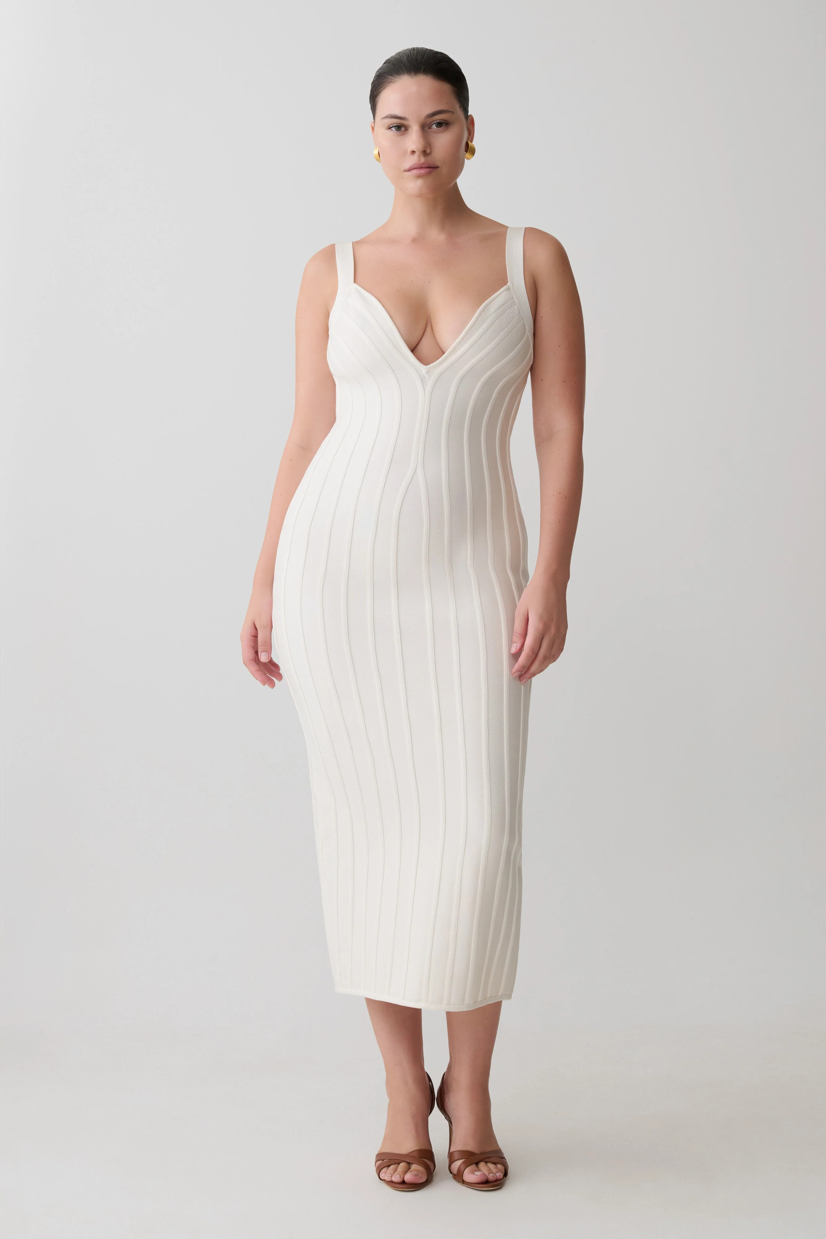 Bandage Knit Midi Dress - Ivory | MESHKI US