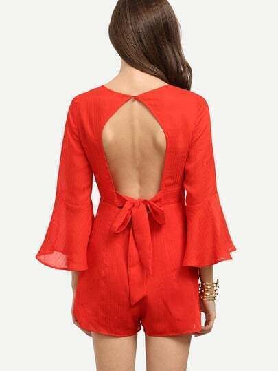 Red Bell Sleeve Cutout Tie Back Jumpsuit | SHEIN