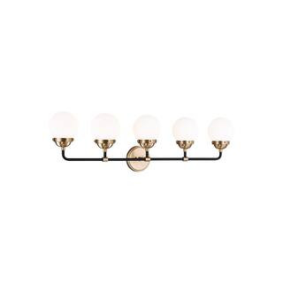 Generation Lighting Cafe 38.25 in. W 5-Light Satin Brass Vanity Light with Etched/White Glass Sha... | The Home Depot