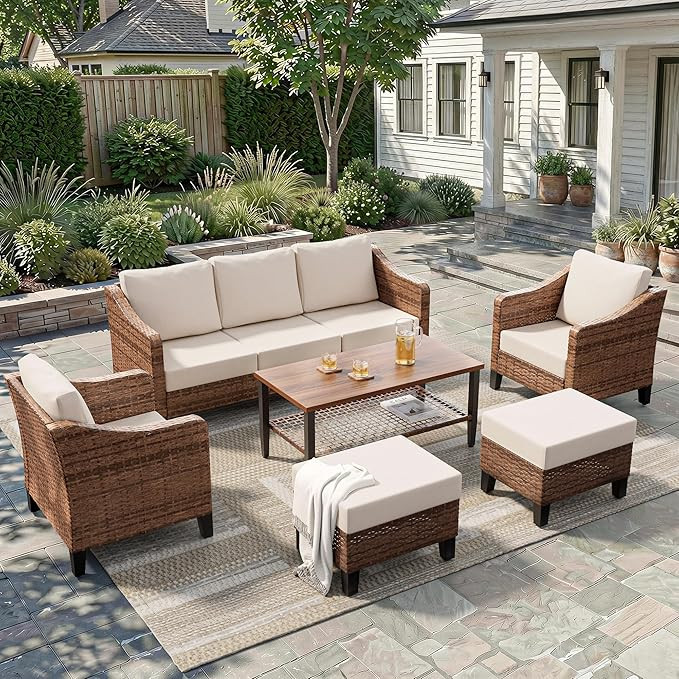 6-Piece Patio Conversation Sets, Outdoor Sectional Sofa with Ottoman & 2-Tier Coffee Table, Modul... | Amazon (US)
