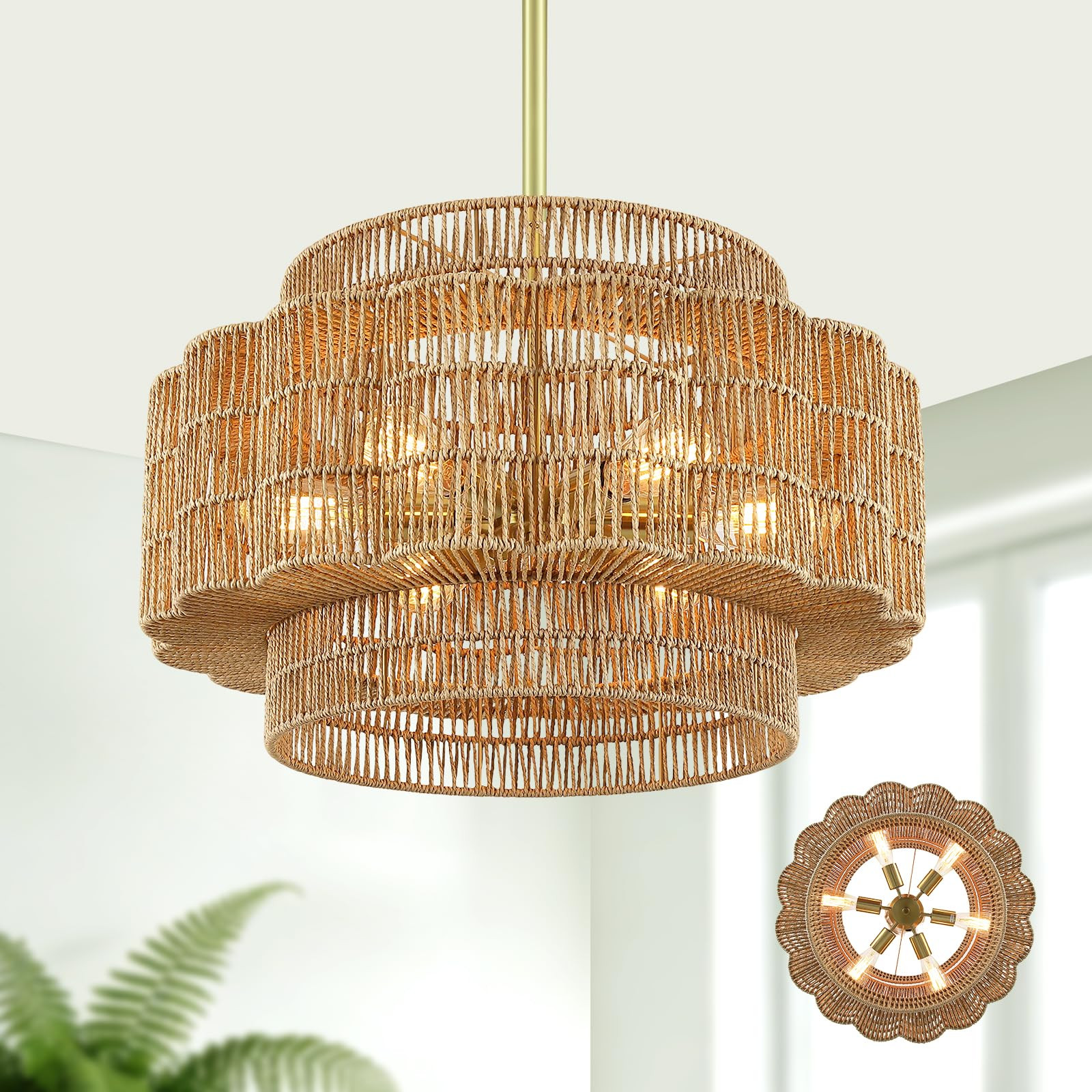 24" Boho Rattan Chandelier - 6-Light Petal-Shaped Pendant Light, Hand Woven Rattan Hanging Light ... | Amazon (US)