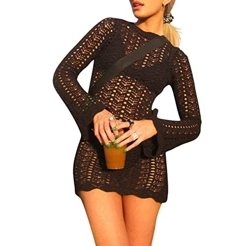 Sunloudy Womens Crochet Colorblock Knitted Dress Long Sleeve Hollow Out Square Neck Halter Short Dresses Streetwear (S, Black b) | Amazon (US)