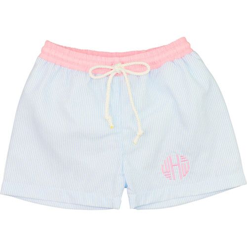 Blue And Pink Mini Stripe Swim Trunks - Shipping Mid March | Cecil and Lou