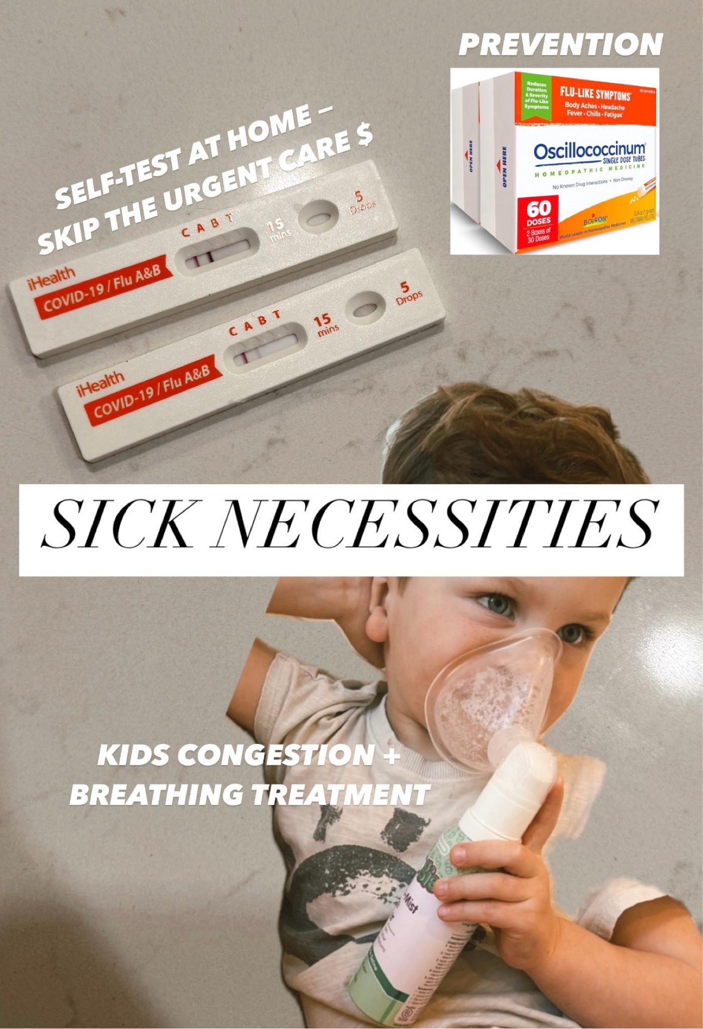 I didn’t know you could test for Influenza A and B at home without going to the urgent care or doctors! So much cheaper! (Also tests for Covid all at the same time.) It’s just nice to know what virus you’re dealing with! We also swear by Oscillococcinum as a great way to prevent flu if you’ve been exposed, or at least decrease severity of symptoms and length of days sick!! And of course had to re-share our favorite congestion breathing treatment for kids. 

Sick season || flu prevention || flu treatment 🦠 

#LTKFamily #LTKSeasonal