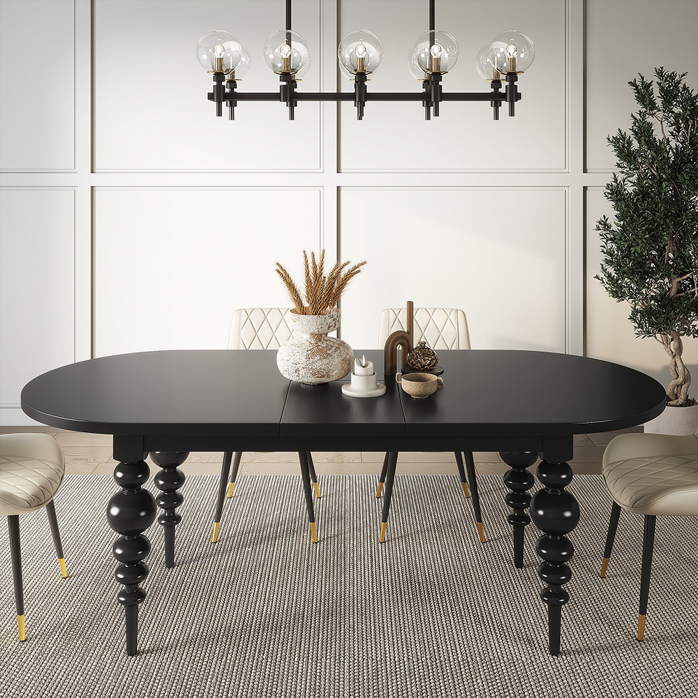 Oval Extendable Dining Table Set 67"-79" Black Antique Dining Table & 4 PU Leather Side Dining Chairs | Homary