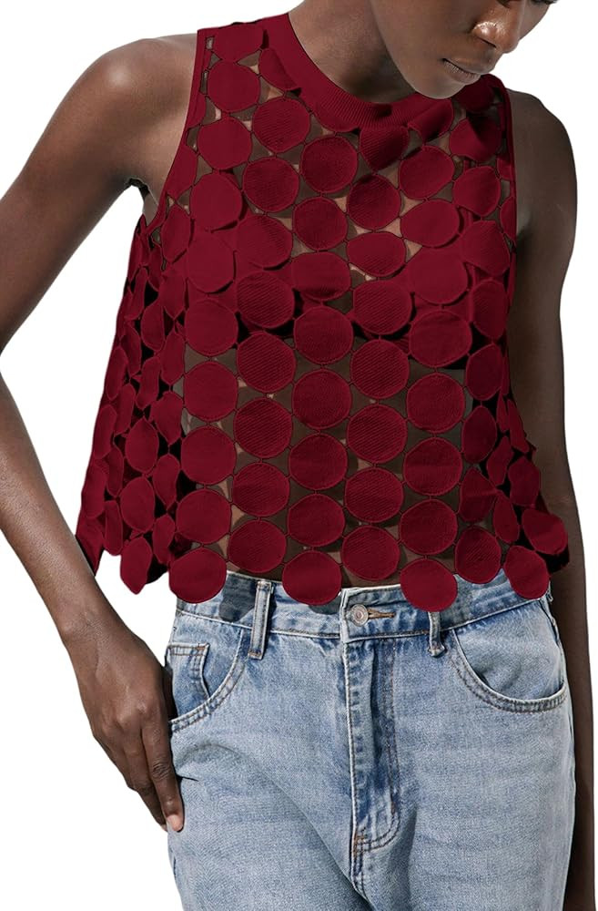 SHENHE Women's See Through Tops Sleeveless Asymmetrical Vest Circle Cut Out Embroidered Sheer Tan... | Amazon (US)