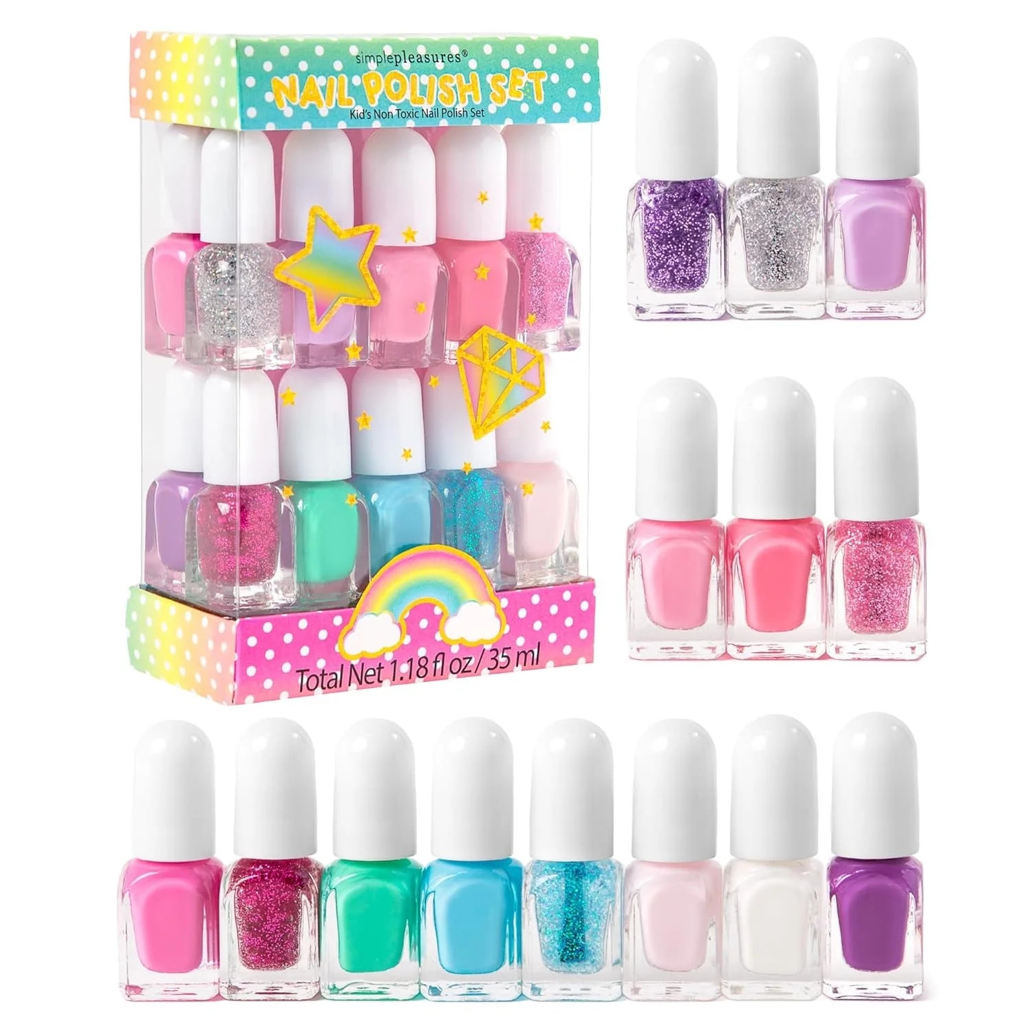 SIMPLE PLEASURES 14- Unicorn Glitter Kids Nail Polish Set for Girls – 14 Water-Based Non -Toxic... | Walmart (US)