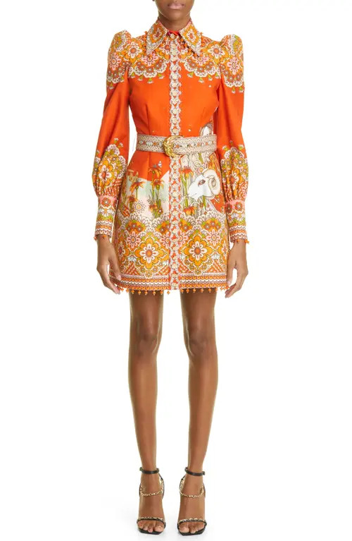 Zimmermann Aries Zodiac Print Belted Long Sleeve Minidress at Nordstrom, Size 1 | Nordstrom