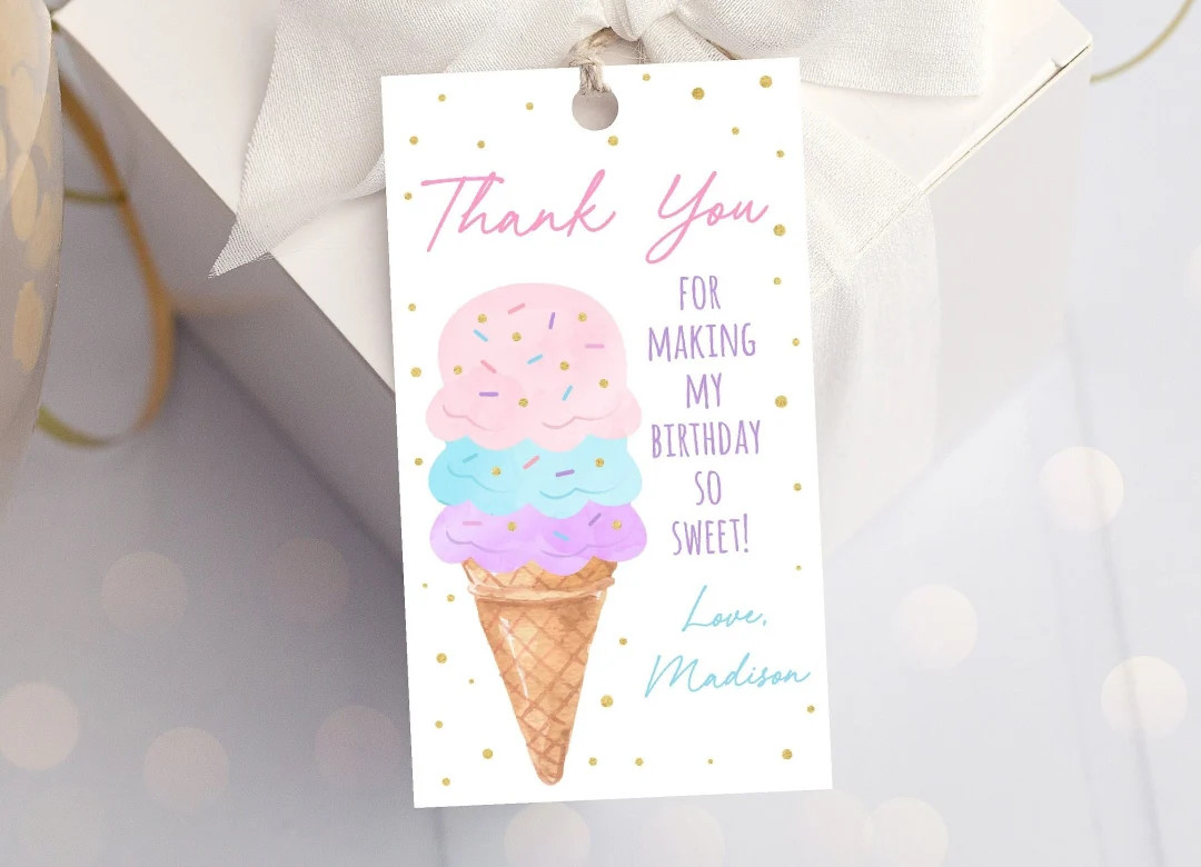 Editable Ice Cream Birthday Thank You Tags Favor Tags Rainbow Ice Cream Pink Gold Girl Ice Cream ... | Etsy (US)