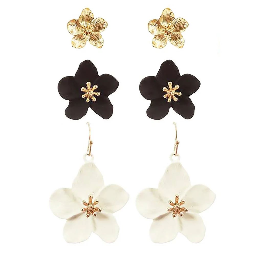 Women&#39;s Trending Floral 3 Pairs of Statement Metal Flower Dangle Drop Post Earrings | Rosemarie Collections