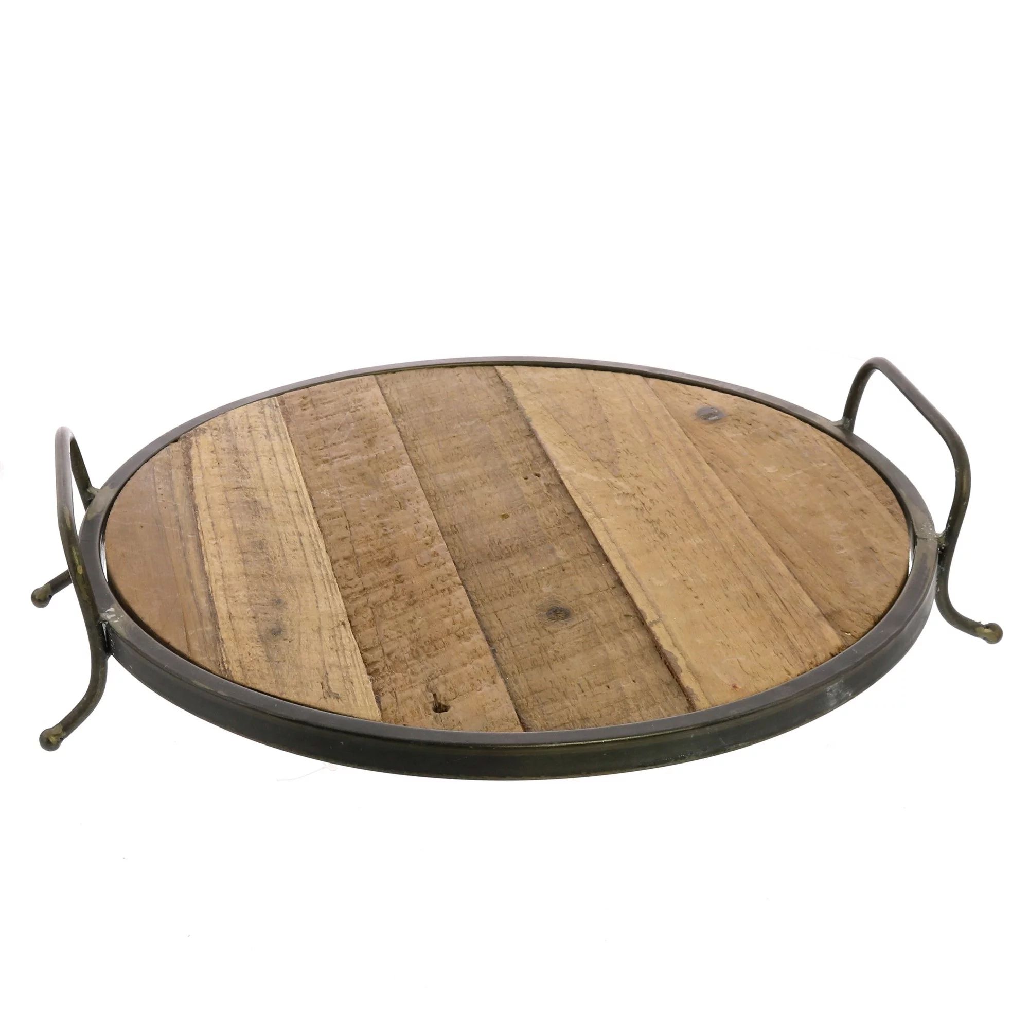 Wood and Metal Round Tray with Sturdy Handles, Black and Brown | Walmart (US)