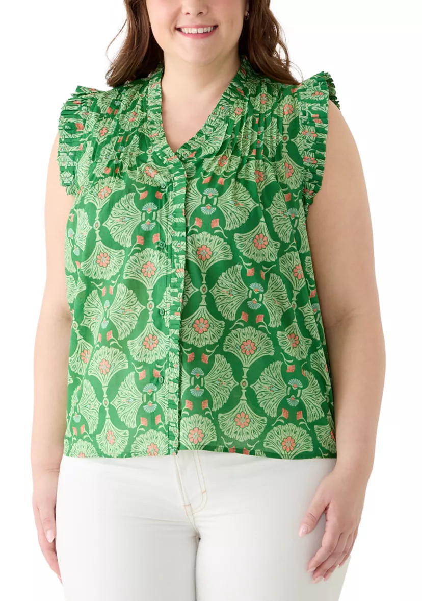 Plus Size Print Ruffle Neck Top | Belk