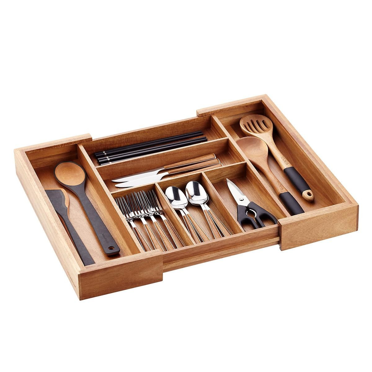 Expandable Acacia Silverware Tray | The Container Store