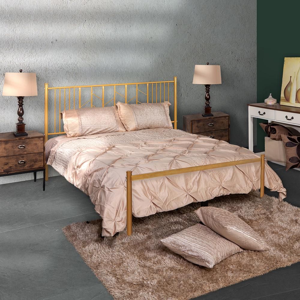 FurnitureR Gold Queen Standard Bed Metal Bed Frame Platform Bed | The Home Depot