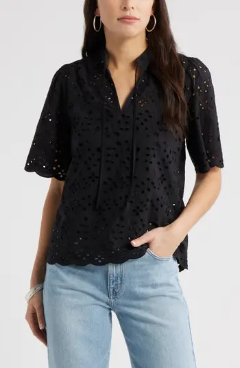 Eyelet Split Neck Cotton Top | Nordstrom