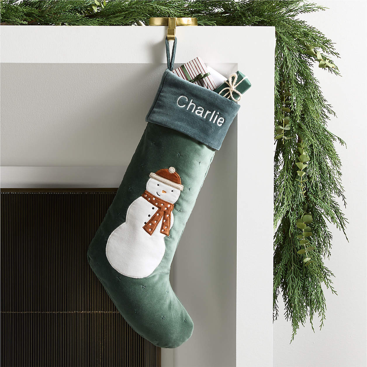 Wonderland Velvet Snowman Kids Christmas Stocking + Reviews | Crate & Kids | Crate & Barrel