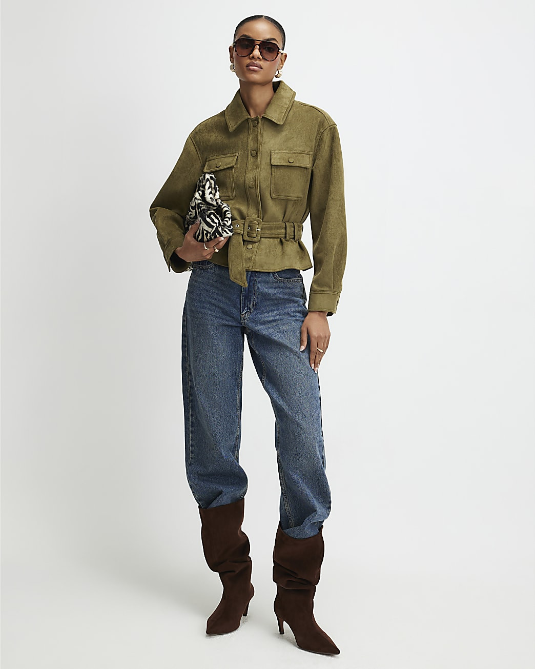 Khaki Belted Faux Suede Belted Jacket | River Island UK & IE