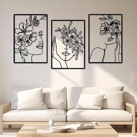3 Pieces Black Metal Wall Decor Minimalist Abstract Metal Wall Art Modern Woman Line Art Decor Si... | Amazon (US)