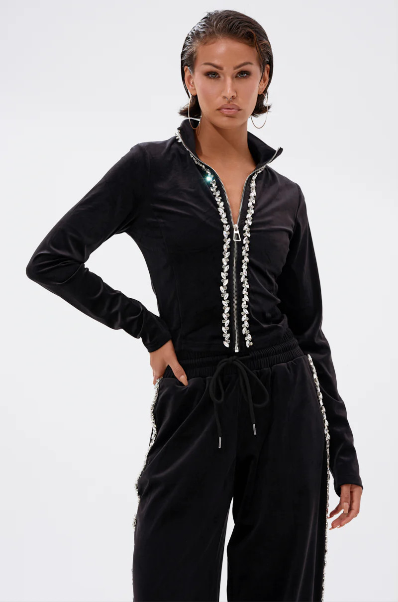 DARA RHINESTONE MOCK NECK ZIP-UP SWEATSHIRT | AKIRA