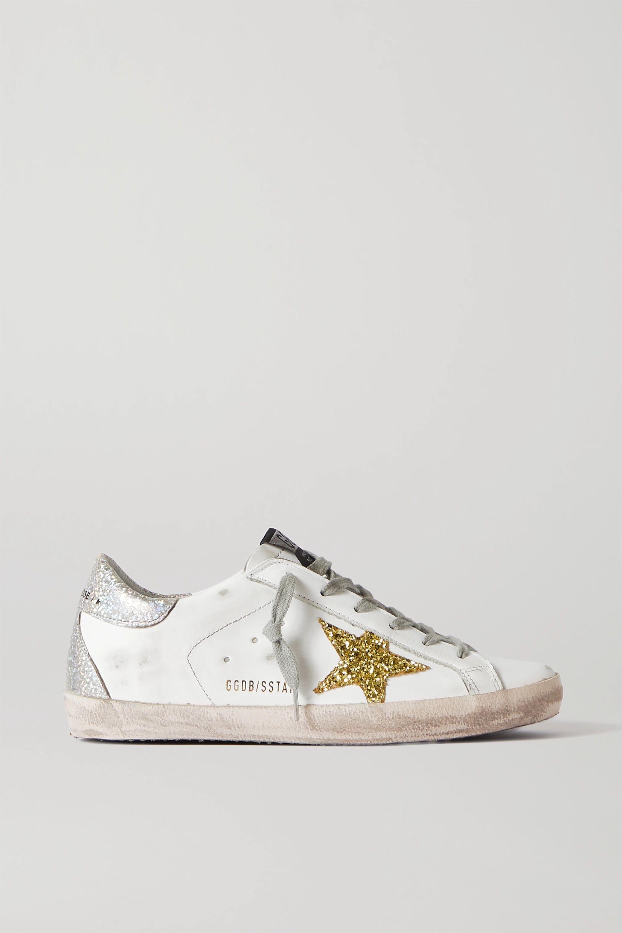 White Superstar distressed glittered leather sneakers | Golden Goose | NET-A-PORTER | NET-A-PORTER (US)