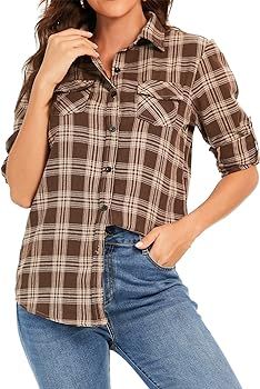 Womens Casual Cuffed Long Sleeve Boyfriend Button Down Plaid Flannel Shirt Tops | Amazon (US)